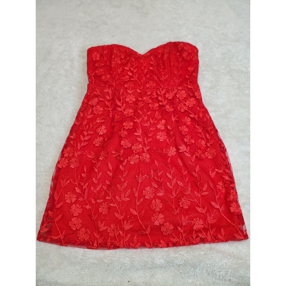 Lulus Red Floral Lace Strapless Bustier Sweetheart Mini Dress Medium Party HOCO